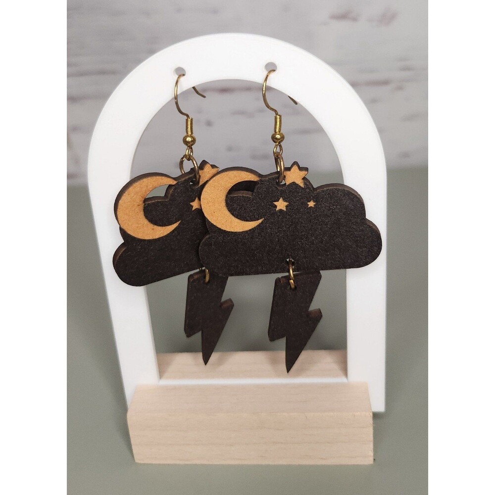Black Moon And Cloud Earrings Lightning Bolt Wooden Dangle Celestial Star